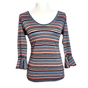 Free People Bell Sleeve Shirt Metallic Sparkle Striped Knit Shirt-EUC, Medium